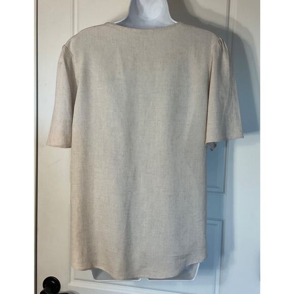 Mittoshop Beige Linen Blend Short Sleeve Tie Front Button Front Top S - Picture 2 of 6